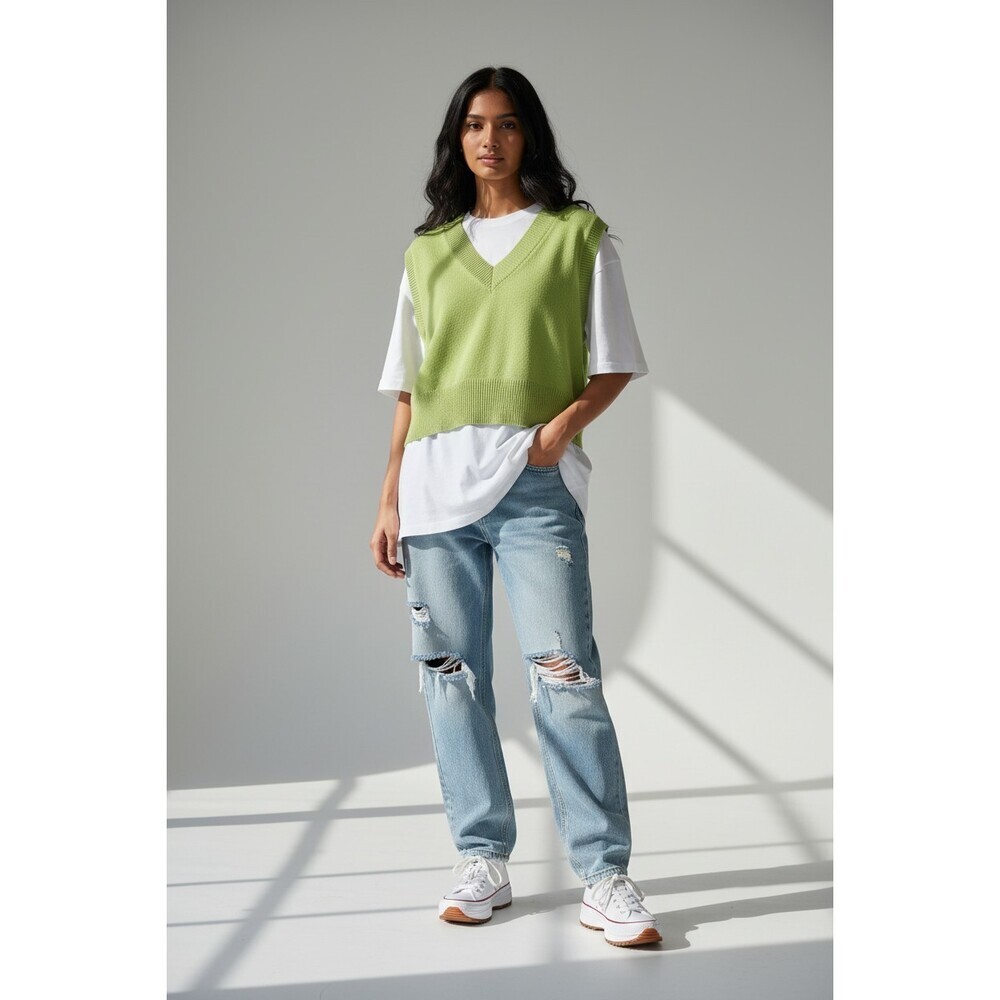 Lime Green Cropped V-Neck Knit Sweater Vest Women's XS Y2K Preppy High Low Hem